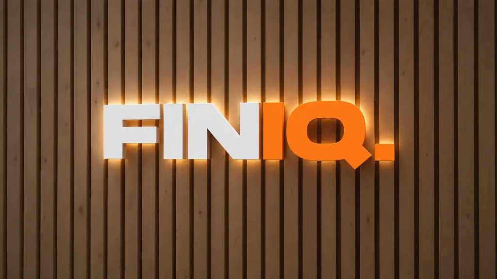 Osvetlené logo FINIQ na drevenej stene